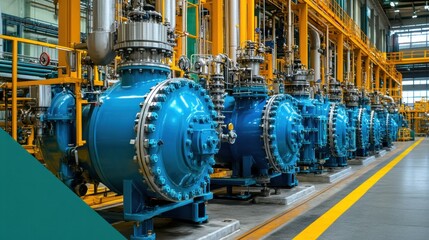 Row of large blue industrial machinery in a factory setting with yellow piping.