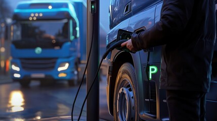 Electric vehicle charging station refuels blue truck. Person wears black jacket holding charging cable connected to charging station with green, white P. Blue truck parked on street behind.