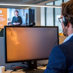 Poster - Professional workspace with a man on video call, focused on work, featuring modern office technology.