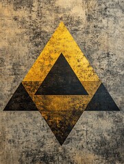 Poster - Triangular shapes in black and yellow are arranged asymmetrically on a weathered gray background, showcasing intriguing textures and colors. Generative AI