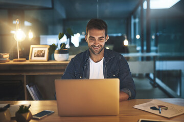 Aufkleber - Office, laptop and business man at night for website, research and online for project. Professional, company and person on computer for working late for deadline, proposal and email networking