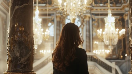 A woman stands near a marble column back to the camera as gazes up at the intricate chandelier hanging from the high ceiling. . .