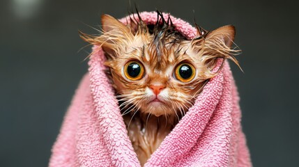 Poster - Wet Cat Wrapped in Towel with Big Eyes