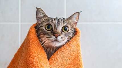 Poster - Cat Wrapped in Orange Towel After Bath Time