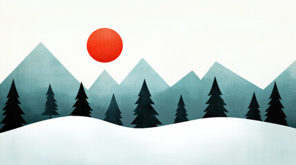 serene winter landscape featuring stylized mountains, evergreen trees, and bright red sun. scene evokes peaceful and tranquil atmosphere, perfect for holiday themes