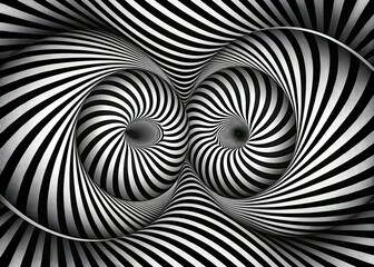 optical art double exposure with twisted stripes in black and white abstract background