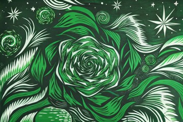 Sticker - Intricate green rose design on a dark backdrop with swirls and stars. Generative AI