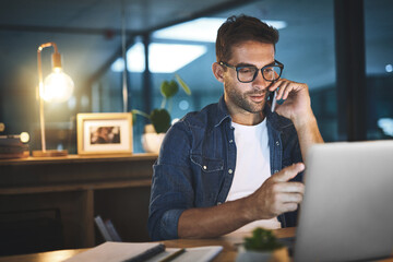 Poster - Night, desk and man with phone call, laptop or discussion for research report at digital agency. Late, plan and web design consultant with smartphone for networking, communication or business contact