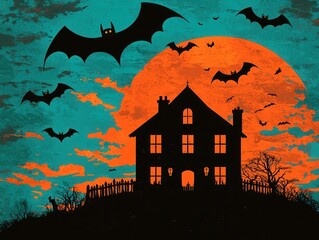 A spooky silhouette of a haunted house under a large orange moon, surrounded by flying bats against a vibrant blue and turquoise sky.