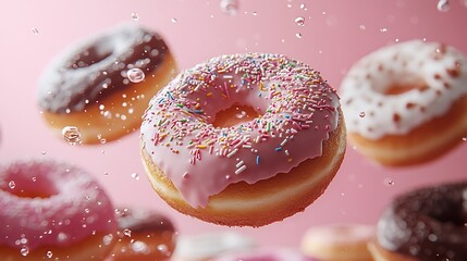 Wall Mural - Colorful donuts with sprinkles and frosting floating in mid-air with water drops against a pink background.