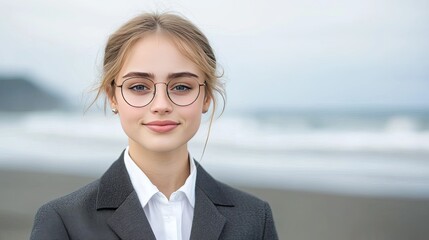 A blonde woman in her late thirties, dressed in a business suit, stands confidently on the beach, gazing at the camera with a warm smile while waves gently lap the shore