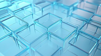 Poster - Transparent glass cubes arranged on a reflective surface, creating a cool blue ambiance in a modern setting