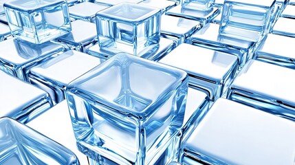 Poster - Transparent glass cubes arranged closely on a surface, creating a reflective pattern and intricate interplay of light and shadows