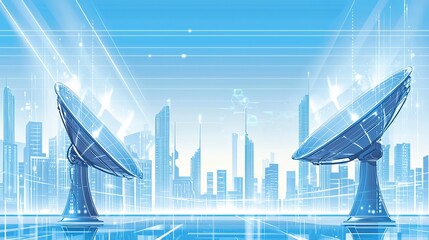 Poster - Modern satellite dishes overlooking a futuristic city skyline during the day, showcasing advanced technology and urban development