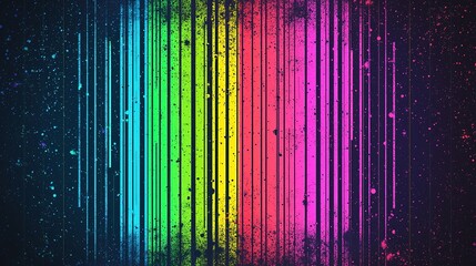 Poster - Colorful vertical lines create an abstract pattern with splashes on a dark background illuminated by bright neon hues