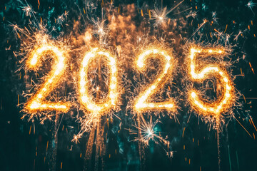 2025. Happy New Year. Fireworks and sparks against the night sky with the numbers of the coming 2025