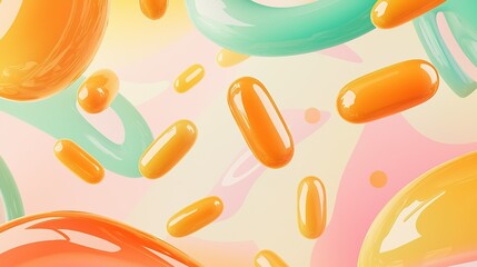 Poster - Colorful abstract background featuring orange and turquoise gelatin capsules floating on a soft pastel backdrop