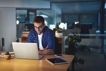 Aufkleber - Night, reading and man at desk with laptop, business planning or checking email at digital agency. Thinking, dark and consultant on web design report with computer, ideas or online research in office