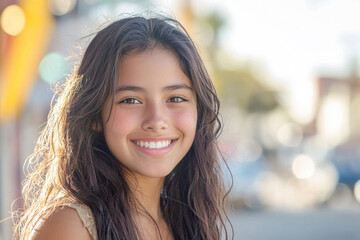 Young hispanic girl smiling outdoor at the town.