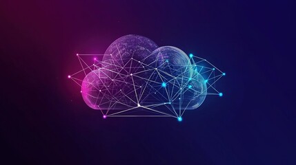 Poster - A digital cloud network visualizing interconnected data nodes in vibrant colors against a dark background