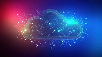 Poster - Digital cloud icon with vibrant neon lights and connected nodes representing data transfer in a tech-inspired setting