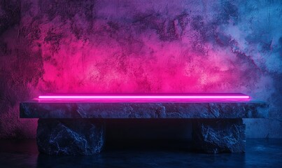 Empty dark stone table with pink fluorescent neon lights. Party and night club concept background with copy space for text or product display