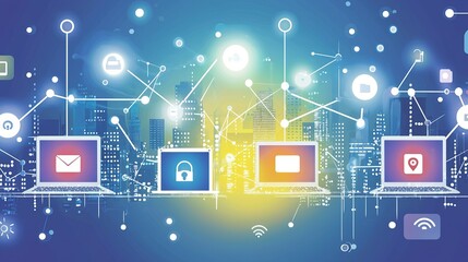 Poster - Digital network connection with animated laptops illustrating cybersecurity in a city skyline background