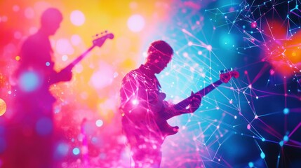 Silhouettes of two musicians playing electric guitars on a stage with a colorful, blurred background and futuristic network lines.