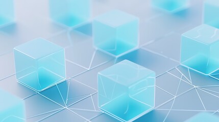 Poster - Translucent blue cubes on a grid surface reflecting light in a minimalist abstract composition