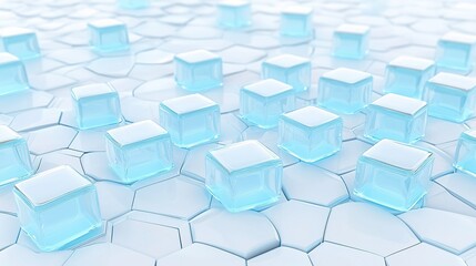 Poster - Ice cubes arranged on a hexagonal surface reflecting light in a well-lit, minimalistic environment