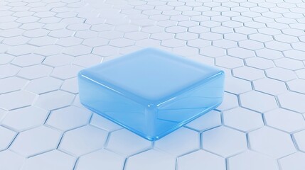 Poster - Translucent blue geometric shape on a hexagonal tiled surface in a minimalist setting