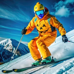 A festive skier carving through powder snow in a pumpkin costume on Halloween. Generative AI