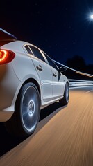 Fototapete - Car speeding down a road at night, with light trails and motion blur capturing the dynamic energy of nighttime travel, Generative Ai