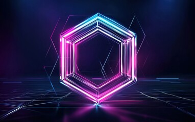 Poster - Bright geometric hexagon illuminating a dark background with vibrant pink and blue neon lights during a digital art display