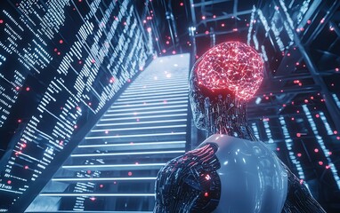Poster - A futuristic silhouette of a humanoid robot with a glowing brain examining a staircase in a high-tech data environment