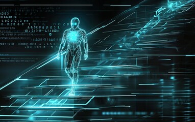 Poster - A futuristic humanoid figure walks through a digital landscape inhabited by flowing data streams and illuminated patterns in a virtual environment