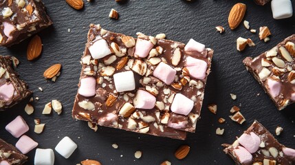 Rocky road fudge with marshmallows and nuts, on a black slate background, surrounded by mini marshmallows and crushed almonds