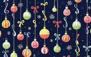 Wall Mural - Colorful Christmas ornaments hanging against a dark blue background with snowflakes, perfect for festive holiday decorations