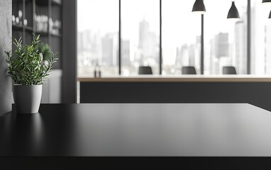 Poster - A sleek modern workspace featuring a minimalist black desk with a potted plant and a city skyline in the background during daylight