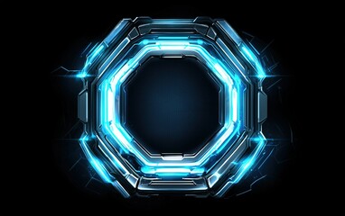 Poster - Futuristic glowing octagonal frame with blue lights against a dark background in a digital design setting