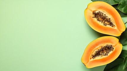 Two halves of ripe papaya with green leaves on a green background, leaving space for text.