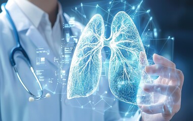 Poster - A medical professional interacts with a digital representation of human lungs in a high-tech healthcare environment