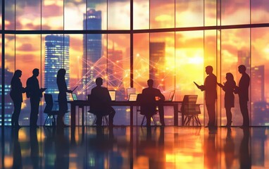 Silhouettes of a business team in a meeting, with cityscape views and sunset lighting.