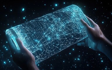 Poster - a person holds a glowing holographic display in a dark environment, illustrating network connections