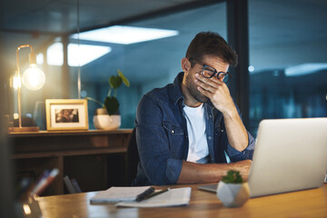 Wall Mural - Businessman, tired and eye strain with laptop in office for burnout, online trading and overworked. Professional, trader and migraine at night with fatigue, exhausted and deadline pressure at desk