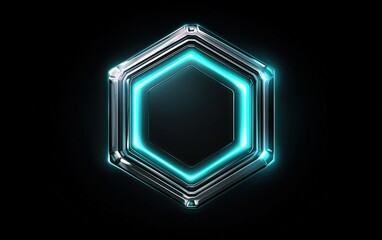 Fototapete - A glowing hexagonal badge with a sleek metallic design and neon blue highlights set against a black background
