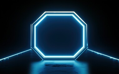 Poster - An illuminated octagonal frame stands in a dark space, casting glowing reflections on the smooth surface below