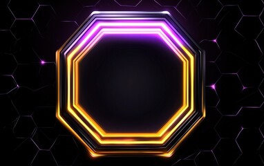 A vibrant octagonal frame with glowing purple and orange lights on a dark hexagonal background