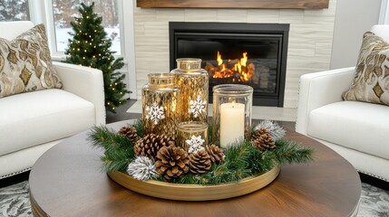 three silver-hued candles glow warmly beside white poinsettias and evergreen branches, creating a ch