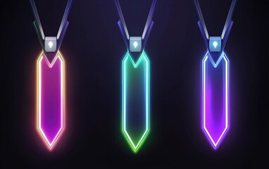 Poster - Colorful glowing geometric pendants displayed against a dark background, showcasing a modern and stylish design perfect for fashion enthusiasts